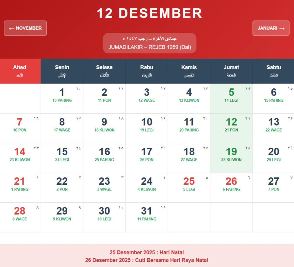 Kalender Tanggal Merah Desember
