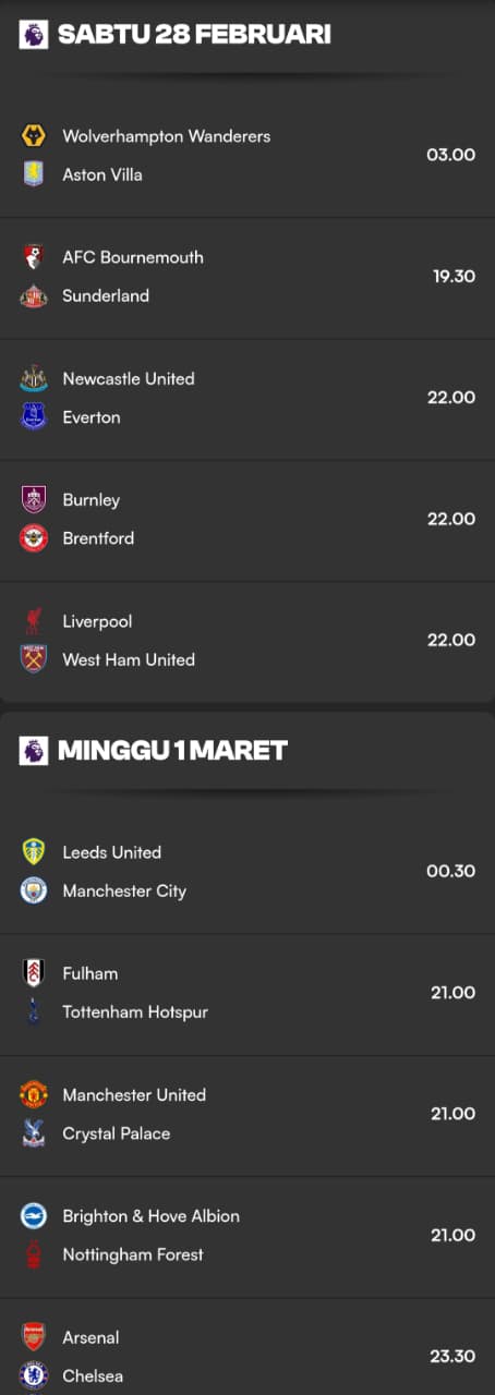 jadwal liga inggris pekan ini