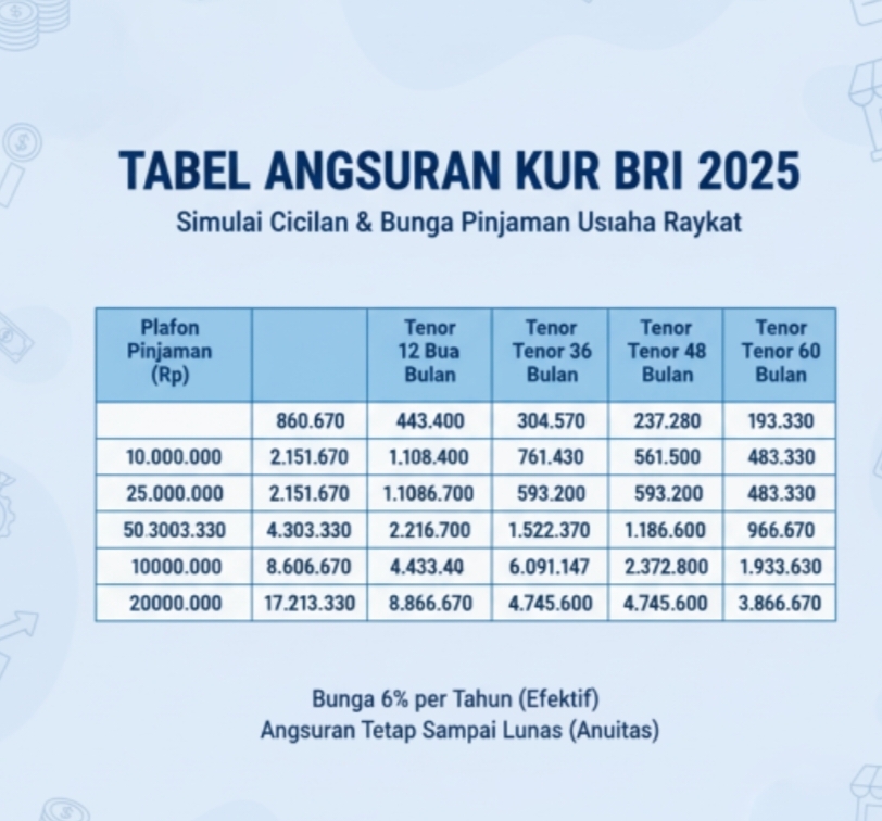Tabel Angsuran Kur BRI 2025